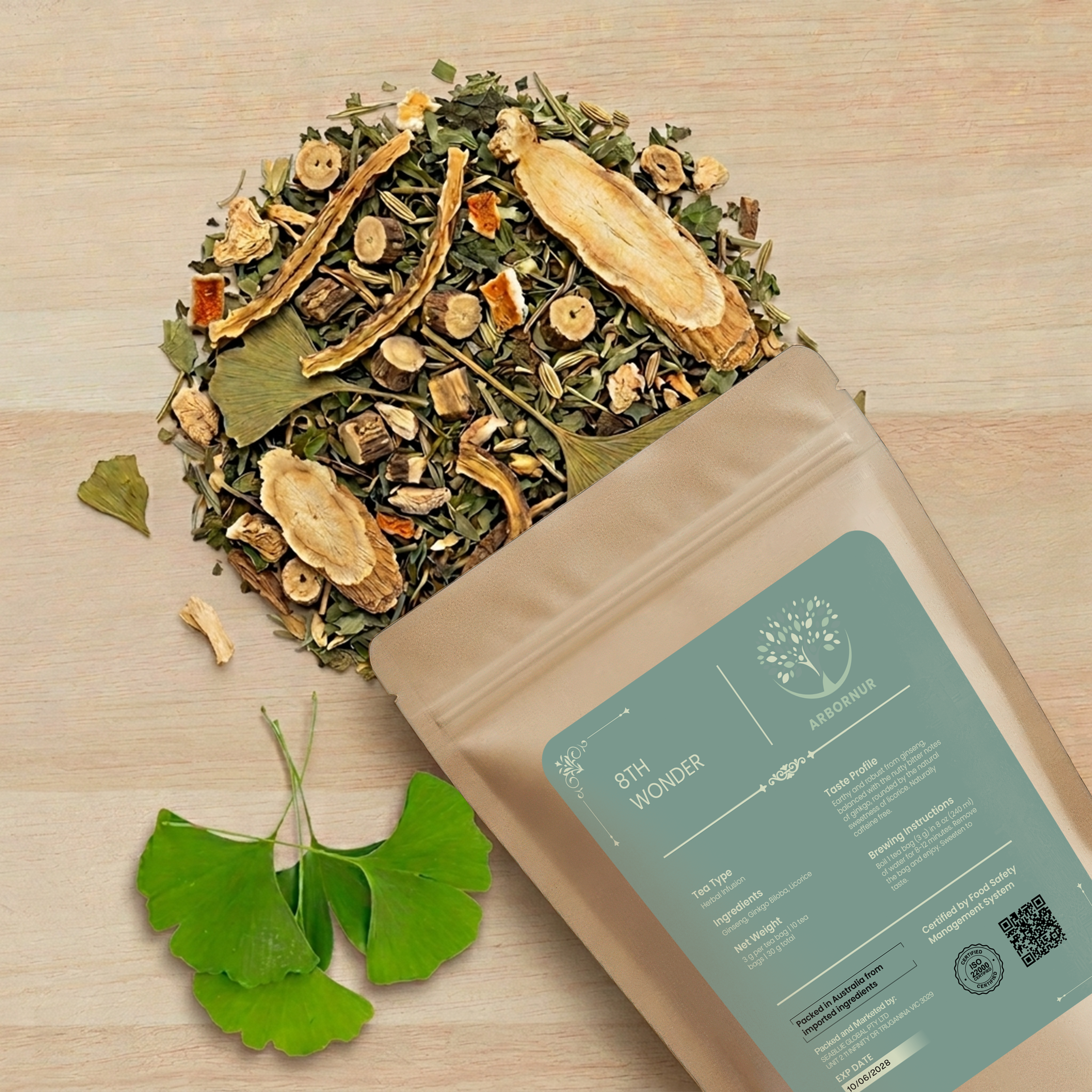 Open bag of dried herbs with a green label on a wooden surface