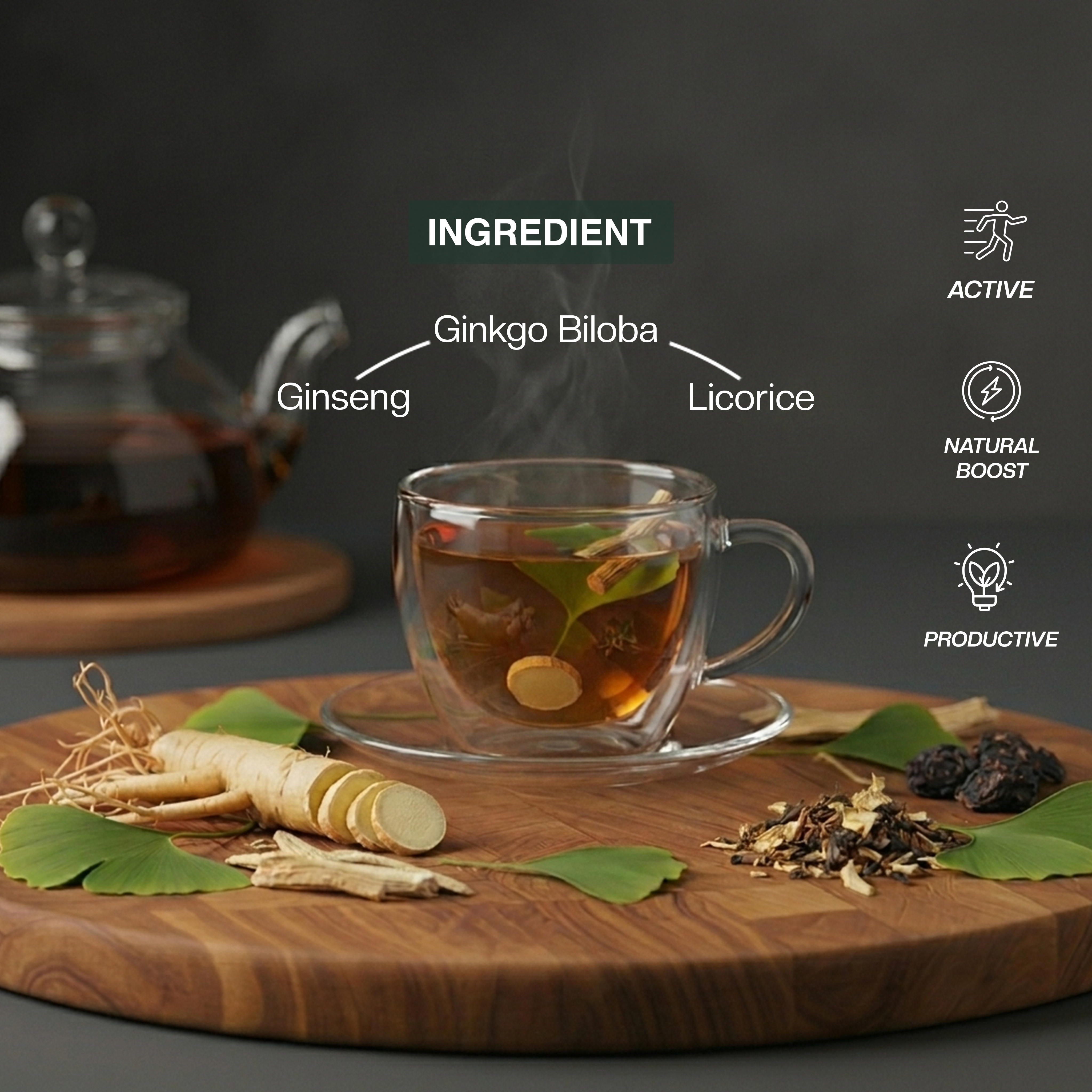 Open bag of dried herbs with a green label on a wooden surface